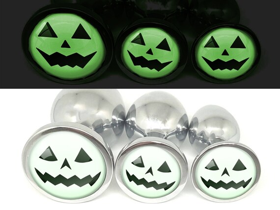 Glow in the Dark Pumpkin Face Butt Plug — Jack-o-Lantern Metal Butt Plug — Choose Your Size or Set of 3 Anal Plugs