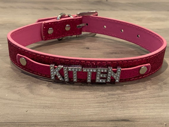 KITTEN rhinestone choker Sparkly Hot FUCHSIA PINK Leather collar daddys little babygirl slut whore ddlg hotwife owned Cumslut Girl Princess