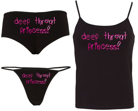 DEEP THROAT PRINCESS Camisole Set with matching boy short or thong panties boyshort fun flirty hen party bachelorette or bridal panty game