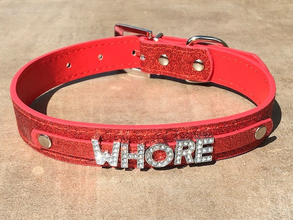 WHORE rhinestone choker Sparkly Red Hot vegan leather collar daddy's little princess slut ddlg hotwife shared owned Vixen Hungry Cumslut