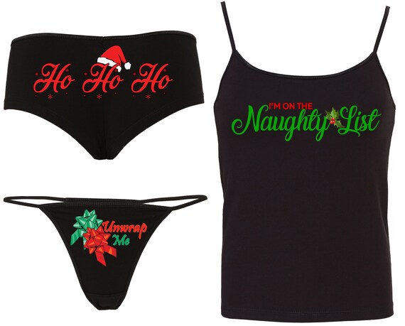 CHRISTMAS FUN and FLIRTY Camisole Set with matching boy short thong panties boyshort sexy naughty list ho ho ho unwrap me presents bad girl