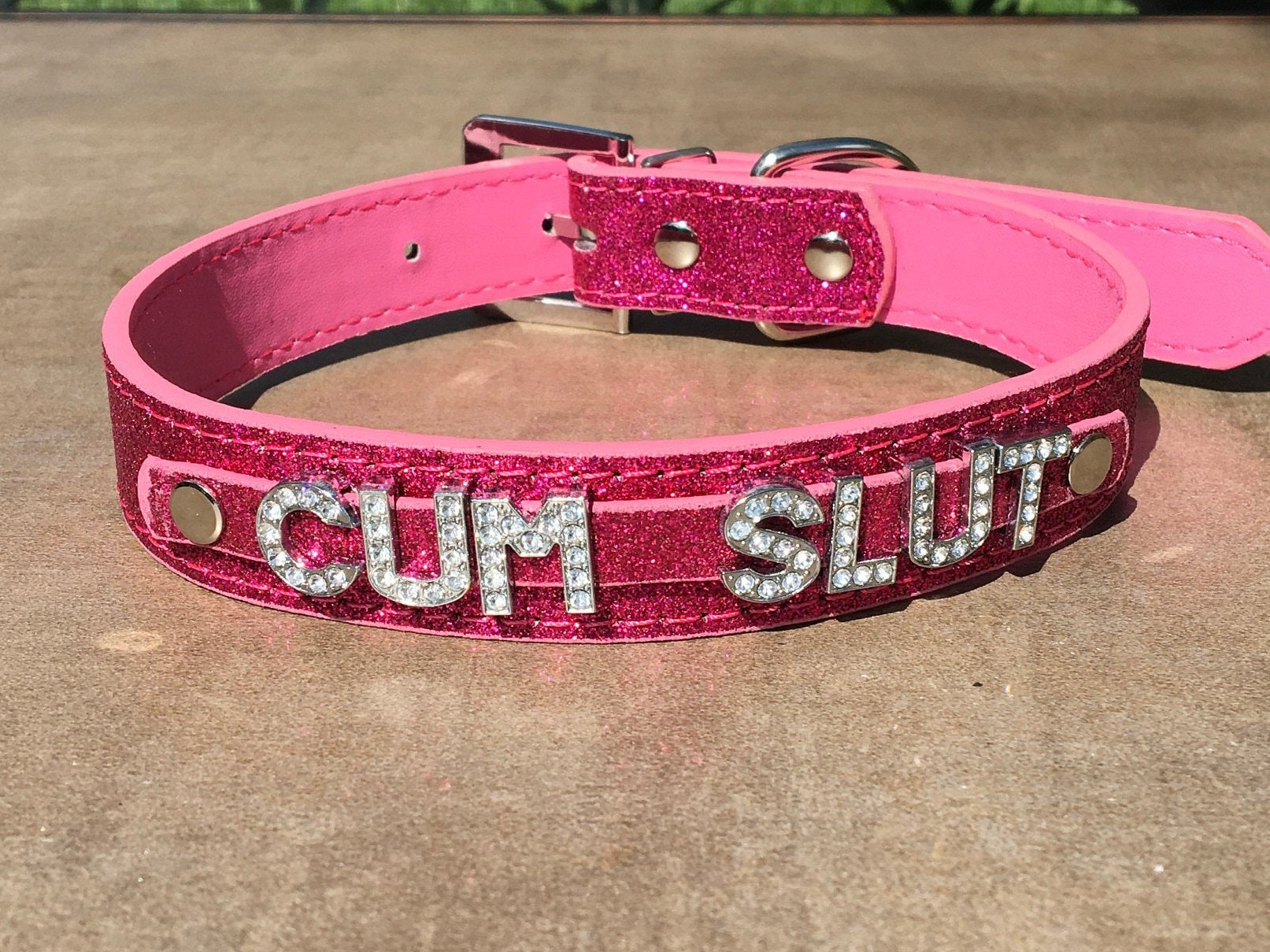 Cumslut Rhinestone Choker Sparkly Hot Pink Vegan Leather Collar For Daddys Little Slut Ddlg