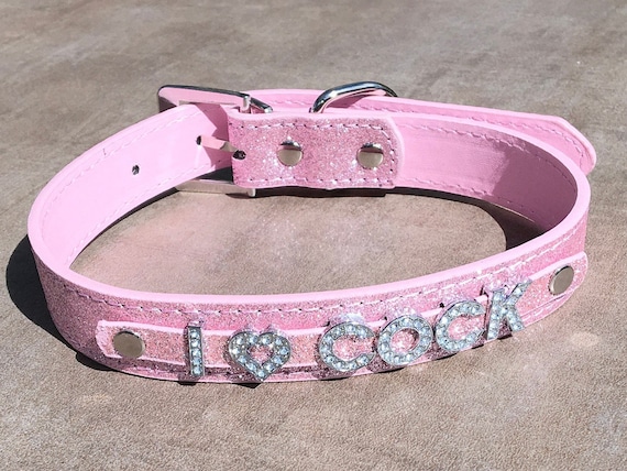 I LOVE COCK rhinestone choker I Heart Dick Sparkly Baby Pink vegan leather collar for daddy's little slut ddlg hotwife shared owned Cum Slut