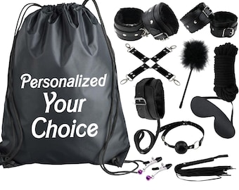 Beginners Bondage Kit Black Personalized Storage Bag - Daddy Master DDLG BDSM CGLG Submissive Dominant Rope Cuffs Leash Whip Nipple Clamps