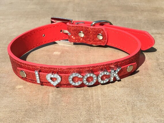 I LOVE COCK rhinestone choker I Heart Dick Sparkly Red vegan leather collar daddy's little slut ddlg hotwife shared owned Cum Slut Fuck Me