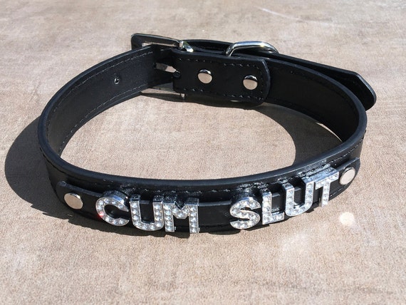 CUMSLUT rhinestone choker Black vegan leather collar for daddy's little slut ddlg hotwife shared owned Cum Slut Fuck Me