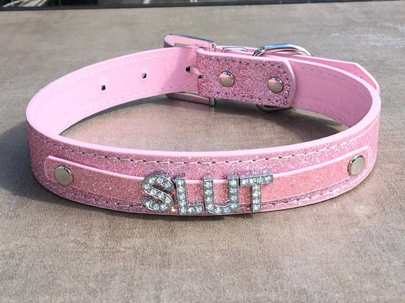 SLUT rhinestone choker Sparkly Baby Pink vegan leather collar for daddy's little princess whore ddlg hotwife shared owned Cumslut Fuck Me