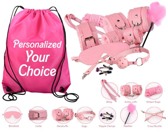 Pink Beginners Bondage Kit and Personalized Storage Bag Daddy Master DDLG BDSM CGLG Submissive Dominant Rope Cuffs Leash Whip Nipple Clamps