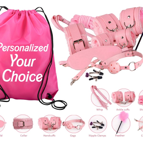 Pink Beginners Bondage Kit and Personalized Storage Bag Daddy Master DDLG BDSM CGLG Submissive Dominant Rope Cuffs Leash Whip Nipple Clamps