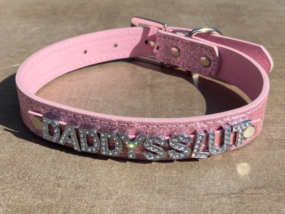 DADDYS SLUT rhinestone choker sparkly baby pink bdsm collar for daddy's little cumslut ddlg hotwife shared owned bondage Cum Slut Fuck Me