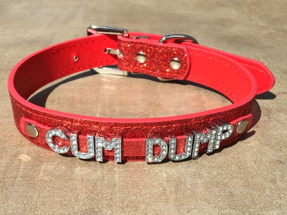 CUMDUMP Rhinestone Choker Cum Dump Sparkly Red Vegan Leather Collar for daddy's little slut ddlg hotwife shared owned Cum Slut Fuck Me