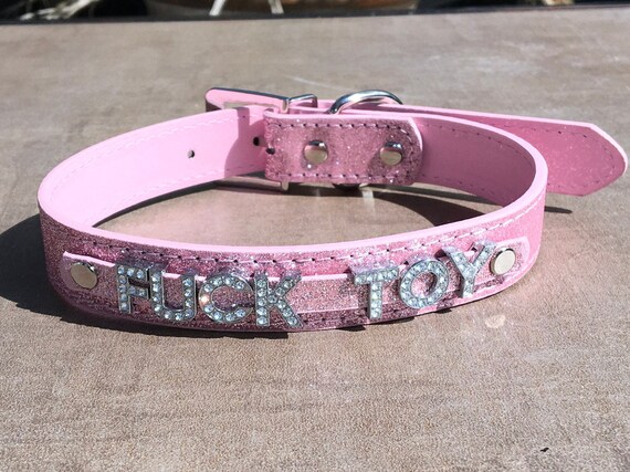 FUCKTOY Fuck Toy rhinestone choker Sparkly Baby Pink vegan leather collar for daddy's little slut ddlg hotwife shared owned Cum Slut Fuck Me