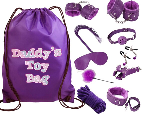 Sparkly Pastel Daddys Toy Bag Beginners Purple Bondage Kit Daddy Master DDLG BDSM CGLG Dominant Rope Cuffs Leash Whip Nipple Clamps