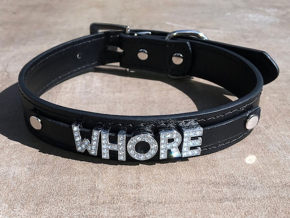 WHORE rhinestone choker Black vegan leather collar for daddy's little princess slut ddlg hotwife shared owned Vixen Hungry Cumslut Fuck Me