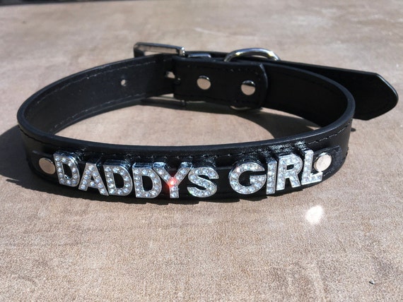 DADDYS GIRL rhinestone choker black vegan leather bdsm collar for daddy's little cumslut ddlg hotwife shared owned bondage Cum Slut Fuck Me