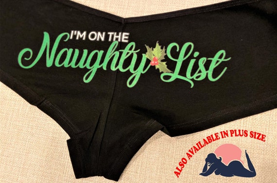 Black boyshort with glitter logo I'm ON The NAUGHTY LIST sexy for Christmas fun and flirty stocking stuffer - Have you been bad this year???