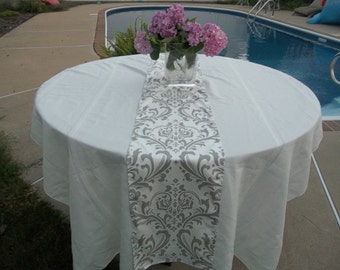 Wedding table runner in gray and white damask