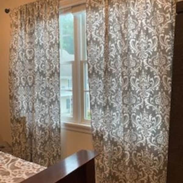 Gray and white damask curtains, Window treatments, Livingroom curtains