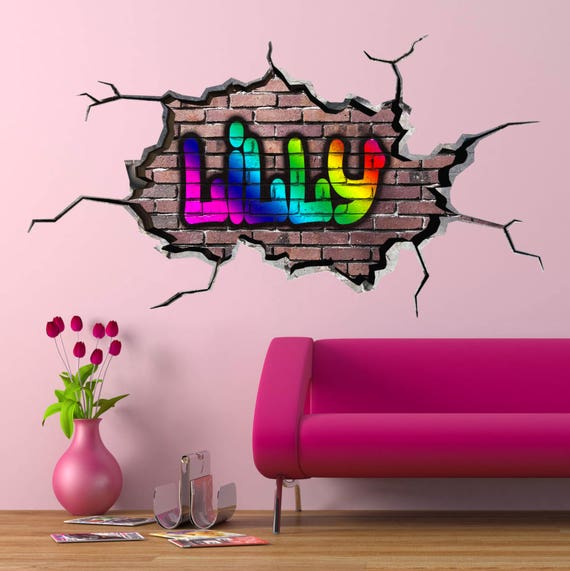 personalised name wall decal cracked wall 3d vinyl wall | etsy