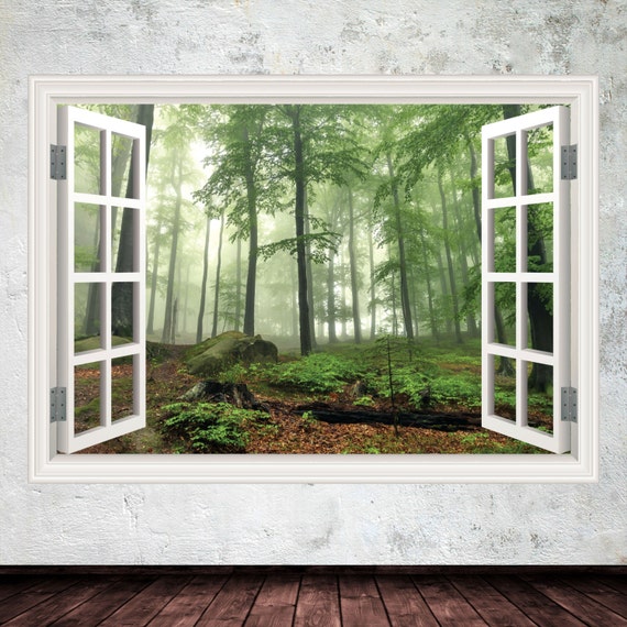 wall decals window frame forest wall art sticker decal | etsy