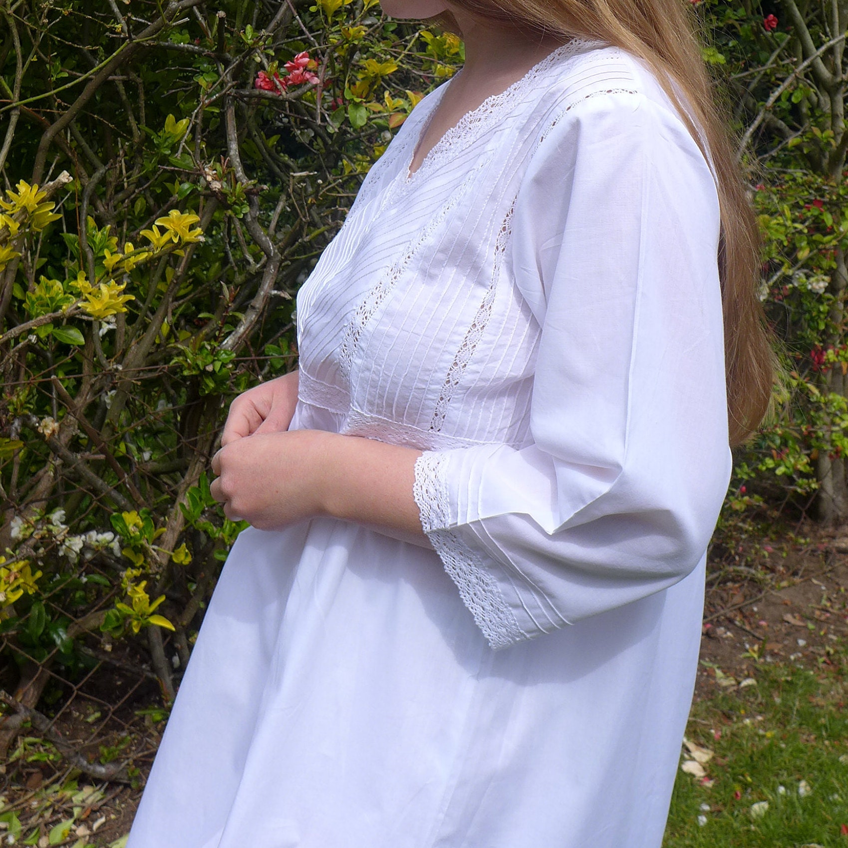 100 Cotton White Nightdress, Regency/ Victorian Crochet Empire Line