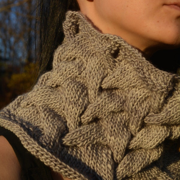 Knit Cowl - Handmade with love, hand knit chubby cable, semi-solid dove gray hues, uniquely adorned