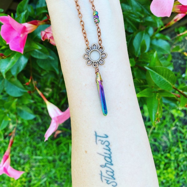 Mystic Garden Collection: Rainbow Aura Quartz Flower Necklace