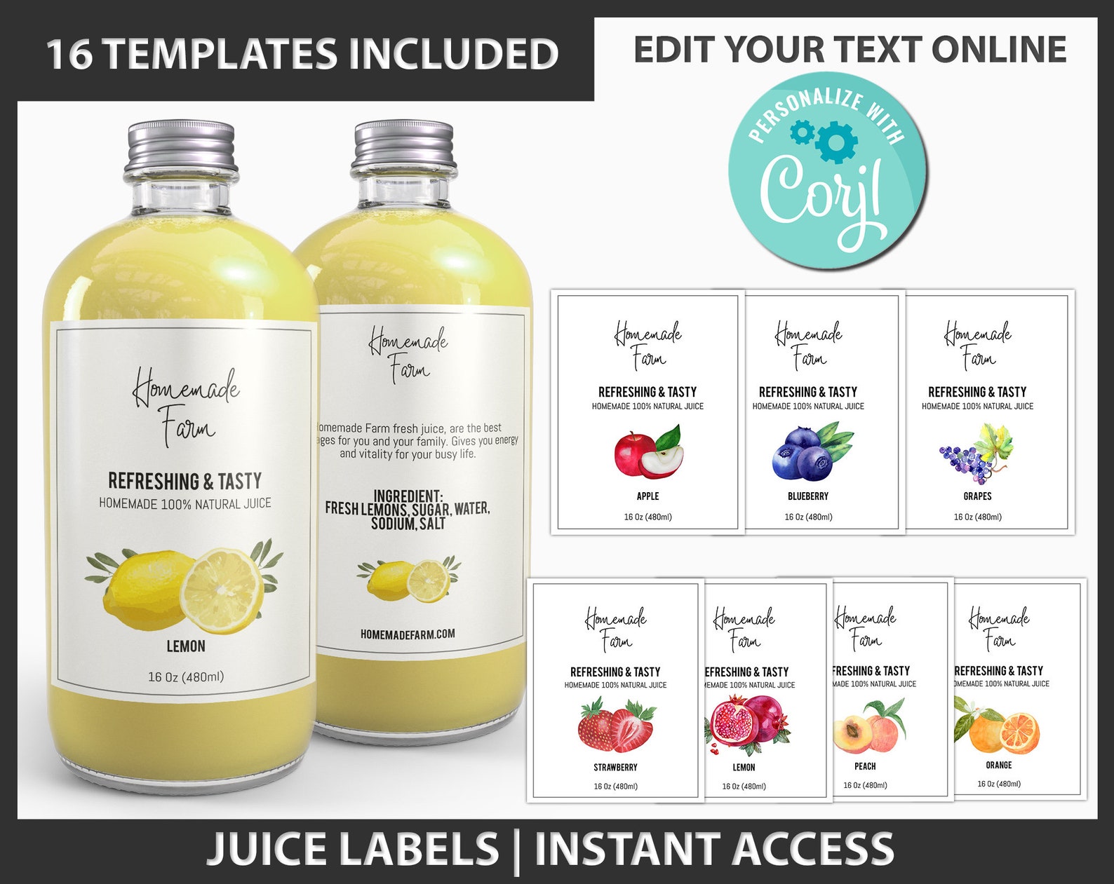 Juice Labels Set Editable Homemade Juice Labels Natural | Etsy