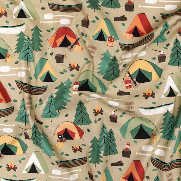 RJ1600-BA3 Camping Crew - Campground - Bark Fabric  camping fabric summer fabric summer camp outdoor fun fabric lake fabric forest trees