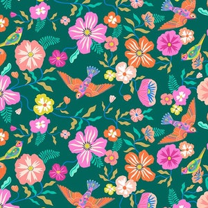 Songbird fabric bird fabric SONG2417 Garden Birds on green floral with birds fabric bird fabric floral fabric