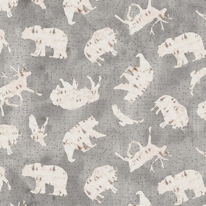 Mountains Calling Forest Animals on Grey 90683-92 Tissu en coton Figo Fabrics, forêt de montagnes, animaux de la forêt gris