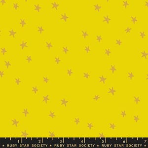 May include: Bright yellow fabric featuring a random arrangement of tan stars. The stars are sketched in a simple, slightly uneven style. The fabric has a cheerful look, ideal for craft projects.