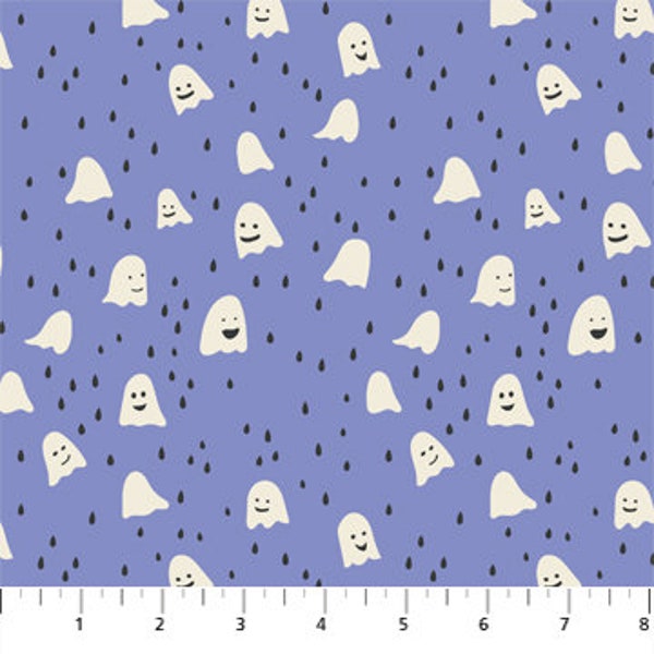 Halloween Ghosts 9052-42 on blue fabric ghosts halloween fabric trick or treat fabric lavender fabric purple ghosts FIGO