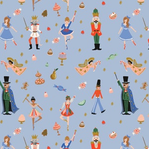 Holiday Classics Rifle Paper Co. Christmas collection holiday fabric the nutcracker fabric on periwinkle ballerina nutcracker fabric