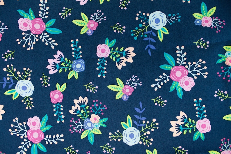 100/% cotton bright Spring Flower on Navy floral pink apparel fabrics fabric Fabric By the Yard