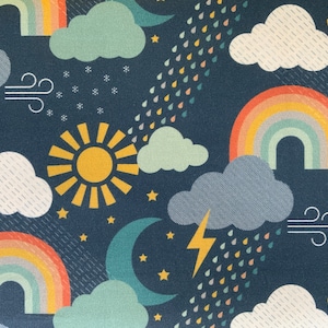 PLAY 1981 Dashwood Studios bright spring fabric, rainbow in the storm blue