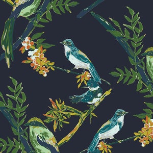 Bird floral fall fabric BLB-44725 Bird Fabric Night Talks Fabric Bloomsbury painted birds dark floral fabric bird pattern bird watcher