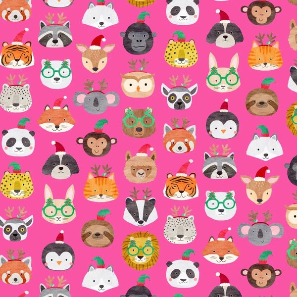 Merry Menagerie Animal fabric Christmas holiday animal fabric party animals festive animals on pink MENA 2131 cotton fabric