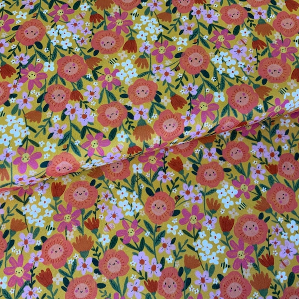 BEE 2310 Dashwood Studios bright spring fabric, summer flowers, yellow and pink