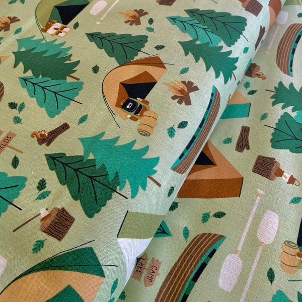 RJ1600-MO2 Camping Crew - Campground - Moss Fabric camping fabric summer fabric summer camp outdoor fun fabric lake fabric forest trees