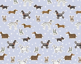 May include: A seamless pattern featuring various breeds of dogs on a light purple background with white polka dots. The dogs include a dachshund, poodle, dalmatian, terrier, and a long-haired dog.