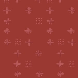 May include: A seamless pattern with a repeating design of pink crosses and squares with dots on a red background.
