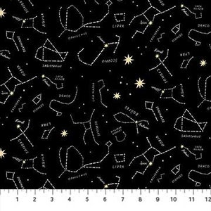 天体星座コットン生地：黒と銀の銀河