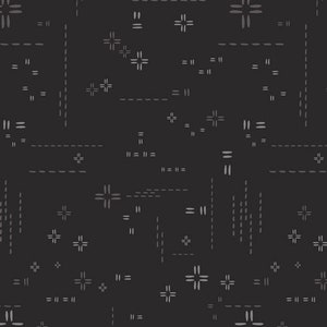 May include: A black and white abstract pattern with a repeating design of dashes, lines, and crosses.