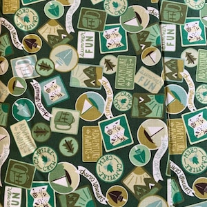 Camping Crew Patches Green moss Fabric Cotton and Steel RJR fabrics Camping Crew RJ1603-MO3 camping fabric summer campfire scouting fabric