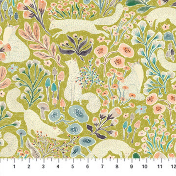 Thicket and Bramble 90744-70 woodland animals on green fall floral fabric fall fabric fall quilt FIGO fabrics green floral