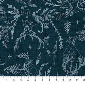 May include: Teal blue fabric with a white pattern of stylised antlers, leaves, feathers, and geometric shapes.