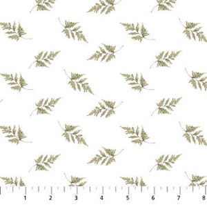 Heavenly Hedgerow Fabric: Green Ferns Floral Print on White Cotton