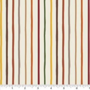 May include: A fabric with a repeating pattern of vertical stripes in various shades of brown, orange, yellow, red, and grey on a cream background.