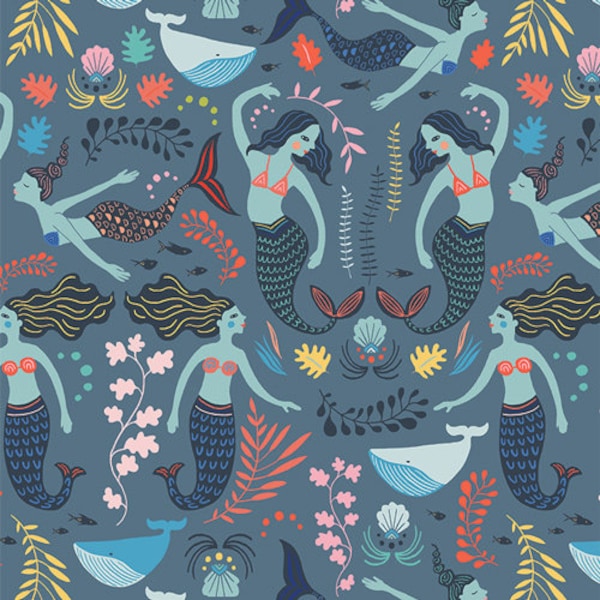 Mermaid Fabric, Siren Long Twilight, AGF SRN-5350 Fabric by the yard, mermaids ocean fabric, under the sea, whales coral fabric,